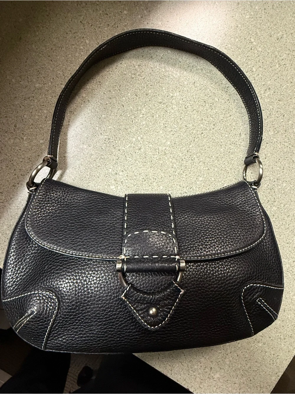 Kate Landry Pebbled Black Leather Shoulder Bag with Contrast Stitching